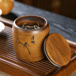 <b>Bamboo</b> Tea Canister Lacquered With Carved Design Wooden Lid Airtight <b>Container</b> For Tea Storage Travel Use Craft Gift - Product Image 2