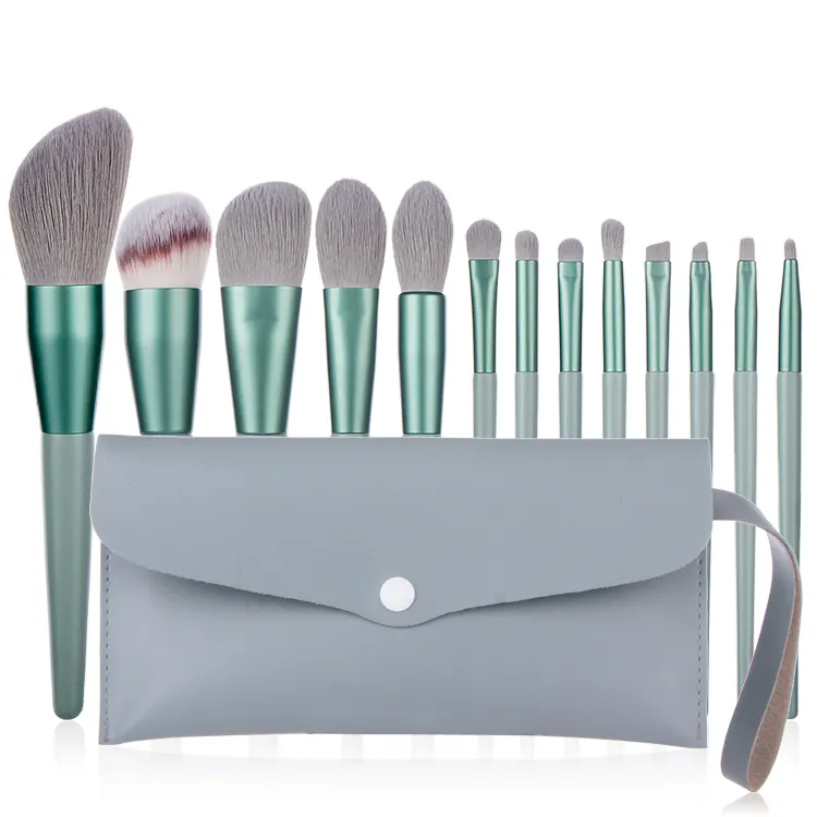 13pcs pennelli trucco verde Set di pennelli trucco professionale fondotinta in polvere con etichetta privata con borsa in PU