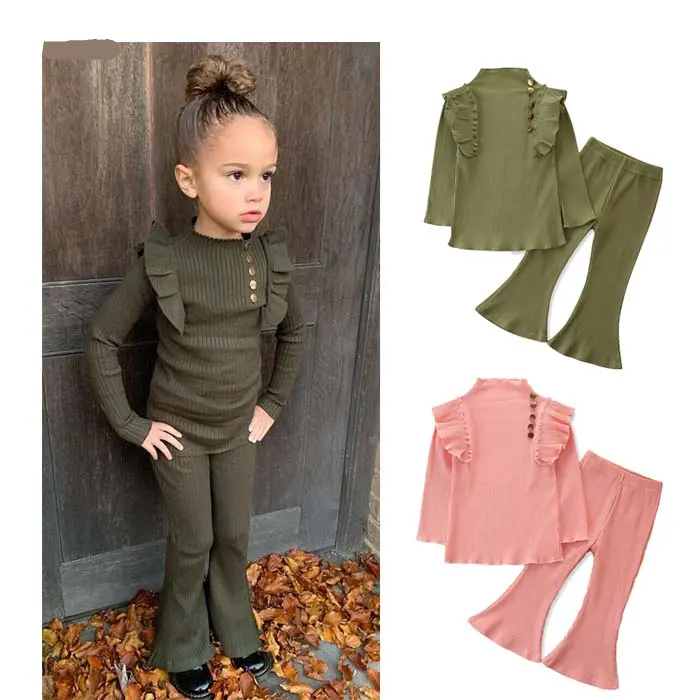 Fashion Kids Summer Girls Clothes Sets 2pcs Ruffles Solid Knit Long Sleeve Pullover Tops Flare Pants Boutique Girls Set