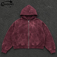 Sweat-shirt à capuche zippé pour homme, 100% coton, motif léopard, délavé à l'acide, coupe oversize, épaules tombantes, style streetwear, avec poche kangourou