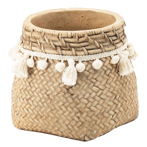 Juego de 2 macetas de cemento marrón de 6.5x6.5x6 con borlas tejidas para uso en interiores y exteriores - Product Image 4