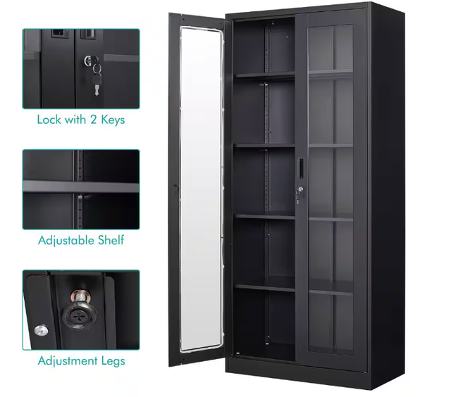 Cayid Modern Metal Display Storage Cabinet with Glass Doors 5-Tier Shelves in Black for Home Office