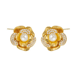 Camellia Flower Stud <b>Earrings</b> Gold Plated Pearl Center S925 Silver <b>Posts</b> Elegant Fashion Jewelry For Women Daily Wear - Product Image 5