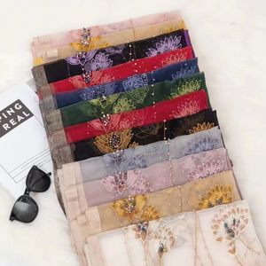 Hochauflösendes Mehrfarbiges Diamant-Besticktes Seiden-Kopftuch Atmungsaktiv Antibakteriell Langes Kopftuch Blumenmuster Digitaldruck Traditionell - Product Image 1