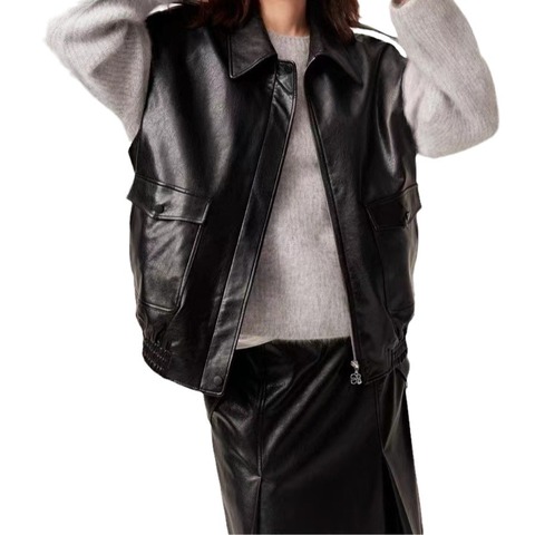 2332-3 Custom Genuine Leather Waistcoat Zipper Pocket Sleeveless Leather Jacket Vest for Women Ladies