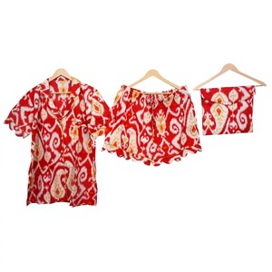 Ensemble de pyjama en coton imprimé paisley rouge pour femmes, manches courtes, boutons sur le devant, vêtements de nuit décontractés d'été, 3 pièces - Product Image 1