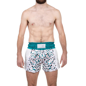Shorts de Muay Thai unisexe en satin respirant à imprimé léopard blanc et turquoise pour l'entraînement de kickboxing - Product Image 1