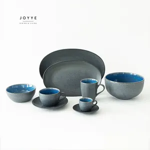 JOYYE Nordic Serenity Stoneware Dinnerware Set Black and Blue Glazed Ceramic Dining Plates Bowls Mugs for Home Dining