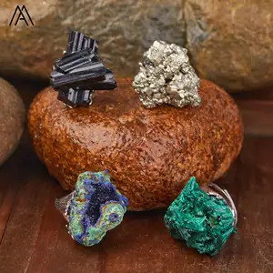 Raw Mineral Rings Designer Men Ring Silver Rock Tourmaline Malachite Pyrite Chessylite Natural Stone Jewelry