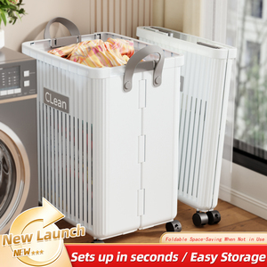 Ensemble de <span class=keywords><strong>rangement</strong></span> pour linge sale pliable avec <span class=keywords><strong>panier</strong></span> à roulettes en plastique, type autoportant pour salle de bain - Product Image 3