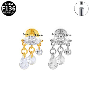 <b>Titanium</b> Plated Flower <b>Chain</b> Ear Studs For Piercing Jewelry Party Fashion Earrings With Prong Setting Stainless Steel - Product Image 3
