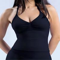 Soutien-gorge de sport long sans coutures, style halter, avec coussinets amovibles, débardeur de yoga à col en V pour femme, anti-humidité, coupe ajustée, pour la gym et le fitness