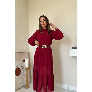 Robe de cocktail élégante en mousseline bordeaux, col montant, coupe trapèze, volants, taille naturelle, tissu translucide - Product Image 2