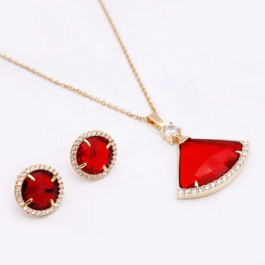 Factory Direct Bridal 316L Stainless Steel Red Zircon Pendant Necklace Earrings Jewelry Set