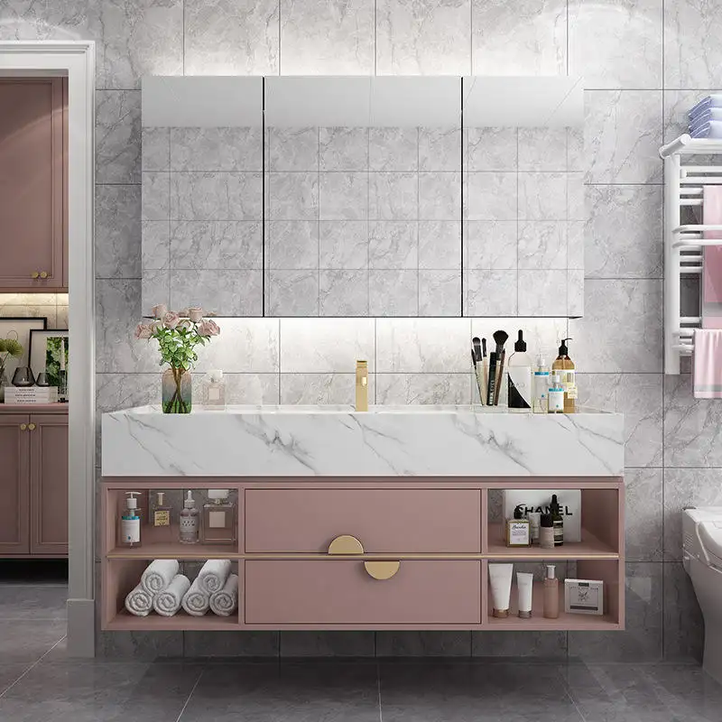 Lavabo vanites en céramique pour salle de bains Combinaison de meuble de salle de bains de luxe rose Armoire de salle de bains murale avec miroir