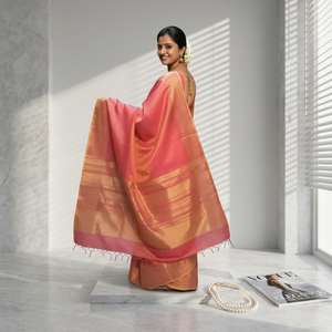 Sari de Seda Sofisticado en Color Rosa Coral |   Ropa Tradicional Premium para Mujer de Secado Rápido, Origen Maharashtra, para Invierno/Verano - Product Image 1