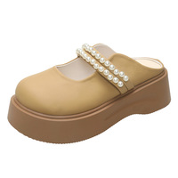 Chaussures en cuir de style français pour femmes, nouvelle collection printemps 2025, à semelle souple, bout perlé, demi-mules à porter à l'extérieur avec une jupe et