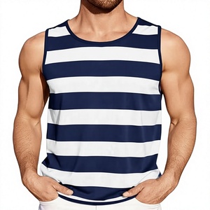 Débardeur Homme Rayé Blanc et Bleu Marine Col Rond Sans Manches Décontracté Respirant en Maille - Product Image 1
