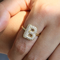 Bague en laiton plaqué or pour femme, design ballon bulle mignon, 26 lettres anglaises, style tendance, pierres de zircon, anniversaire