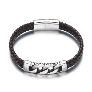 Wide Genuine Braided Leather Bracelet 316L Stainless Steel Bead Trendy Bracelet Bangles Men Jewelry
