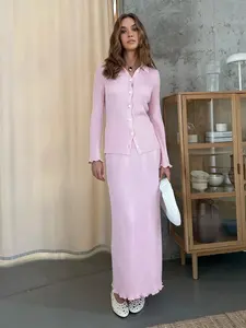 Blubelle Ensemble <span class=keywords><strong>Femme</strong></span> Automne Hiver Nouveau Col Polo Manches Longues Tricot Côtelé Cardigan Jupe Boutonnée Élastique Uni Style Décontracté - Product Image 2