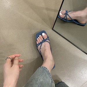 Flat Sandals Square Toe Slip-On Korean Style Summer Fashion Trend <b>Bow</b> Decoration Solid Color Women's <b>Shoes</b> - Product Image 2