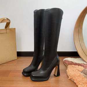 Bottes longues en cuir de haute qualité, chaussures tendance pour femmes, chaussures à bout pointu, chaussures à talons épais, chaussures décontractées d'extérieur - Product Image 1