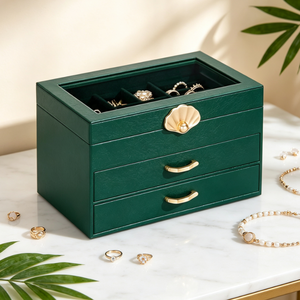 Boîte à bijoux en cuir PU vert foncé avec couvercle en verre et 2 tiroirs, grand organiseur en velours pour bagues, boucles d'oreilles, colliers, boîte cadeau pour femmes - Product Image 5