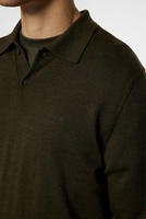 Pull en laine mérinos à col polo pour homme, manches longues, maille fine, vert olive