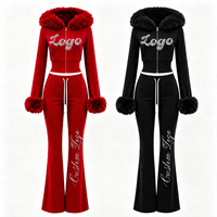 Ensemble de survêtement polaire Y2K personnalisé pour femme avec logo, capuche et poignets fourrés, sweat à capuche court zippé et pantalon évasé, deux pièces, tenue décontractée d'hiver