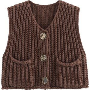FOXA Women's Sleeveless Knit Vest Short Crop Button Front <b>Cardigan</b> <b>Sweater</b> Outer Wear 100% Acrylic Worsted Fabric - Product Image 1