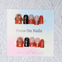 Faux ongles à presser en gros, marque privée, courts, carrés, avec fleurs 3D, en acrylique, pailletés, logo personnalisé pour les grossistes