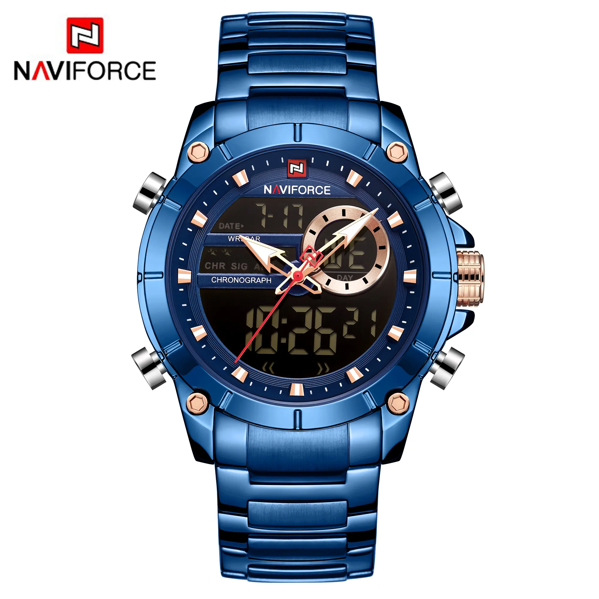 NAVIFORCE 9163 Superior Fantasia Design Barato Venda Quente Em Estoque Últimos Homens Quartz Relógios Relógio Masculino Banda De Aço Inoxidável