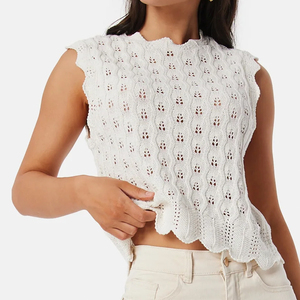 <span class=keywords><strong>Chaleco</strong></span> de Punto Corto sin Mangas con Borde Festoneado Blanco, Estilo Minimalista Informal para <span class=keywords><strong>Mujer</strong></span>, Ropa Personalizada de Fábrica Wisrise - Product Image 3