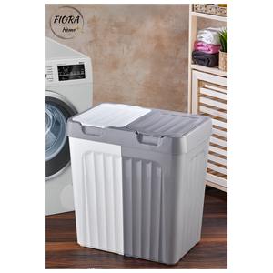 Panier à linge à 2 compartiments, 80L, organisateur de vêtements en plastique, type rectangulaire sur pied pour buanderie, blanc gris - Product Image 2