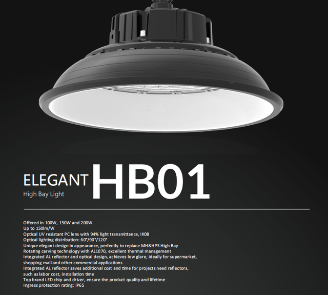100W 150W 200W LED High Bay Light IP65 IK08 LUMILEDS Meanwell 5-Year Warranty Dimmable DALI HB01 Model Warehouse Factory
