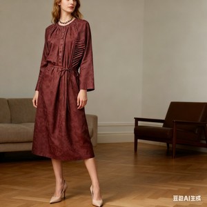 Vestido Holgado de Ramio Borgoña con Cintura Ajustable - Vestido Retro Elegante de Longitud Media para Oficina y Casual - Product Image 4