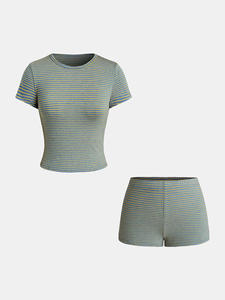 Completo Due Pezzi <span class=keywords><strong>Donna</strong></span> Y2K Abbigliamento Sexy Ragazza <span class=keywords><strong>Donna</strong></span> Set a Righe Tinto in Filo Completo <span class=keywords><strong>Donna</strong></span> con Top Corto in <span class=keywords><strong>Jersey</strong></span> e Pantaloncini - Product Image 3