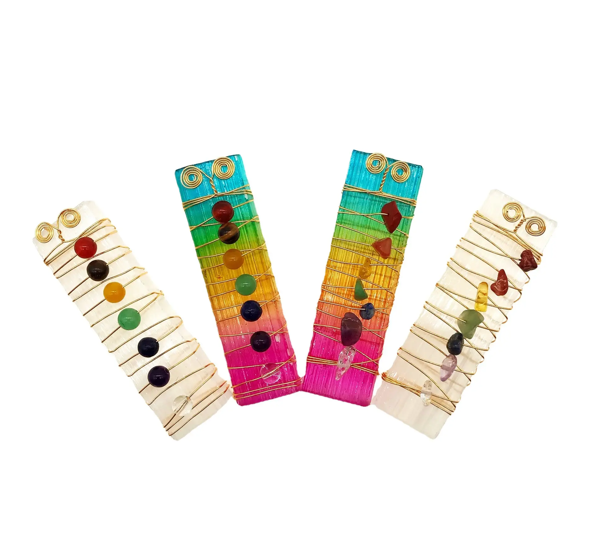 Natural Gypsum Crystal Irregular Colorful Square Strip Wrapped Seven Chakra Healing Stick Yoga Stone Ornaments For Lucky