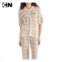 Certification GRS, vêtements d'hiver décontractés pour femmes, tricot en coton à manches courtes, cardigan en crochet ajouré, fabricant de pulls, logo personnalisé