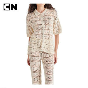 GRS Certification Sweater Manufacturer Custom logo <b>Women</b> Cotton <b>Short</b> <b>Sleeve</b> Summer Knitwear Hollow Out Crochet <b>Cardigan</b> Sweater - Product Image 2