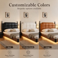 Lit flottant moderne carré capitonné en velours avec bande lumineuse LED chaude, cadre en bois massif naturel, lit de luxe taille Queen
