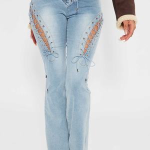 Nuevos Jeans Ajustados de Mujer de Alta Calidad para Otoño, Sexy, de Algodón, con Lavado Ácido, Desgastados, de Talle Alto, Acampanados, con Abertura y Cordón, de Mezclilla - Product Image 3