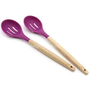 High quality wood handle color heat resistant cooking kitchen utensils Silicone kitchenware set slotted spoon