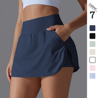 Jupe de tennis pour femme à taille haute en spandex/nylon avec col en V, culottes slim ajustées, poche arrière à la taille, respirante, protection solaire, sport, yoga