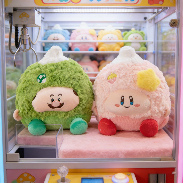 8 Inch Fluffy Kirby Plushie in Green & Pink Costumes Super Soft Stuffed Animal Huggable Doll for Claw Machine Prize