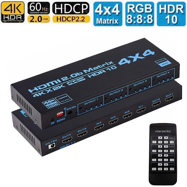 4K HDMI 2.0b Matrix Switch 4x4 Switcher Splitter 4 in 4 Out Box with SPDIF EDID Extractor IR Remote Control Support HDCP 2.2 ARC