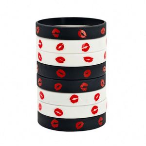 <b>Lipstick</b> Flying Kiss Pattern Silicone Bracelet Black White Boyfriend Girlfriend Rubber Wristband <b>Custom</b> Logo and Information - Product Image 3