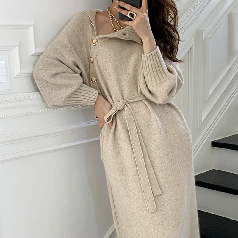 2022 Winter New Plus Size Thick Gauge Vintage Stand Collar Long Sleeve Sweater Midi Knitted Dress Women Wrap Dress With Belt