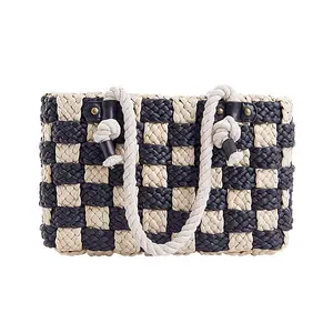 纽约工厂批发时尚设计黑白格子手工女条纹编织玉米皮夏季草包
